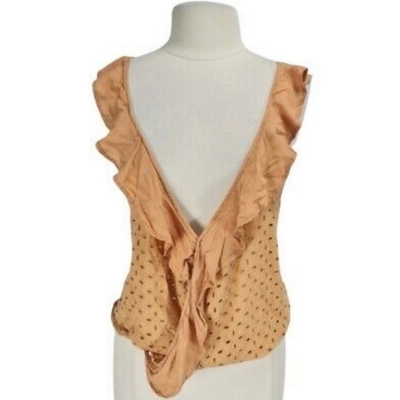 FREE PEOPLE Mauve Ruffle V-Neck Eyelet Blouse - Picture 1 of 6